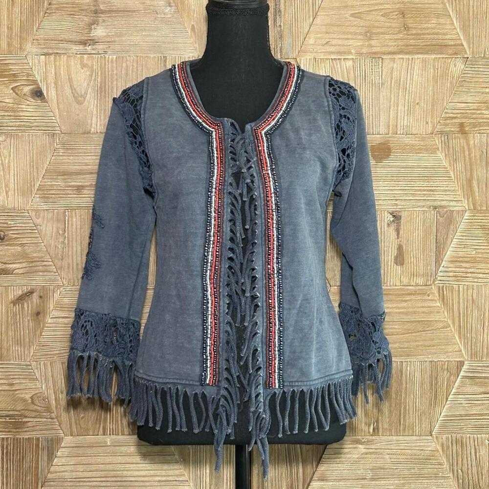 BKE Blue Jacket with Embroidery & Fringe Western Boho Festival Coat Women's M - Picture 1 of 8